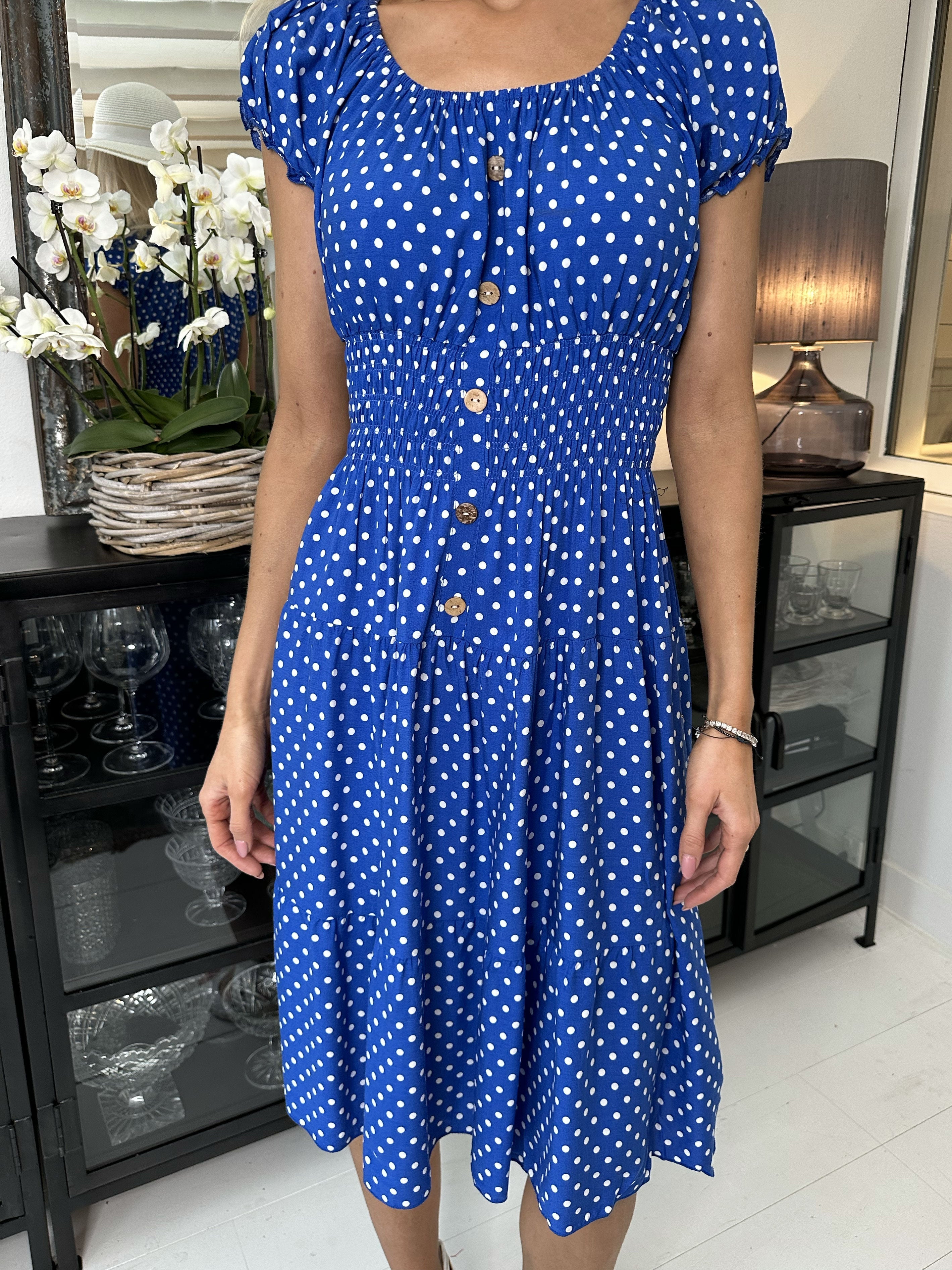 Finalia dot short - Söt klänning med prickar och elastisk midja - Blue